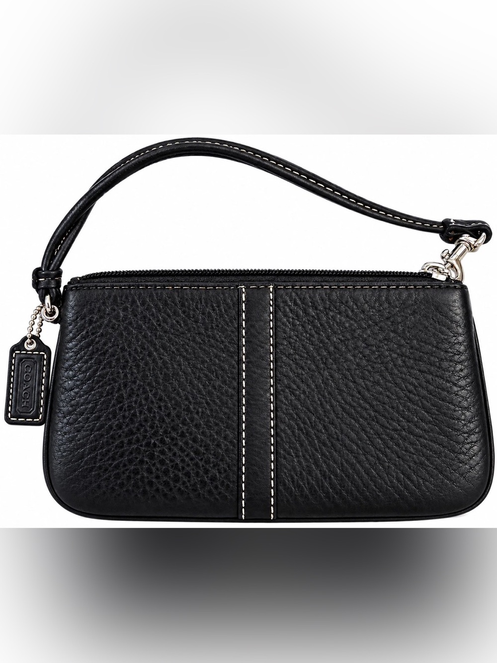 Coach Black Pebbled Leather Wristlet F42389 White Stitching Silver Hardware